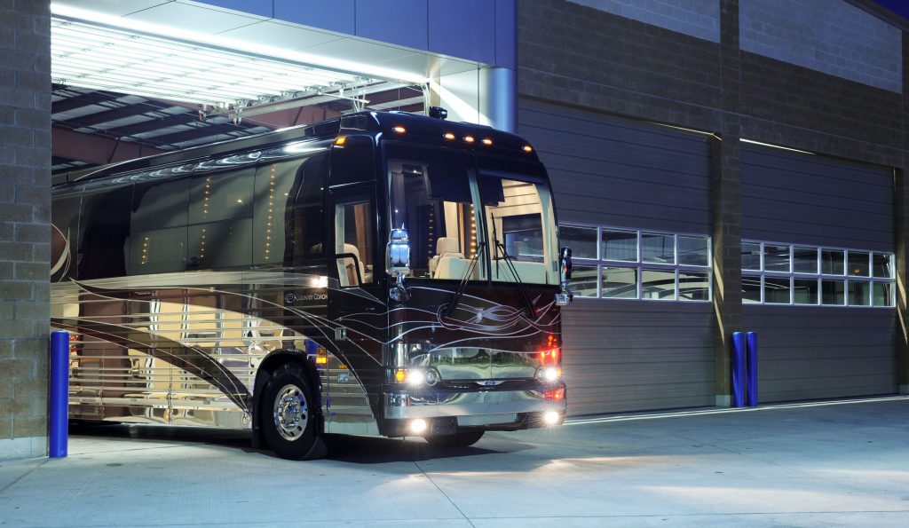 Night time shot of RV mobile home.