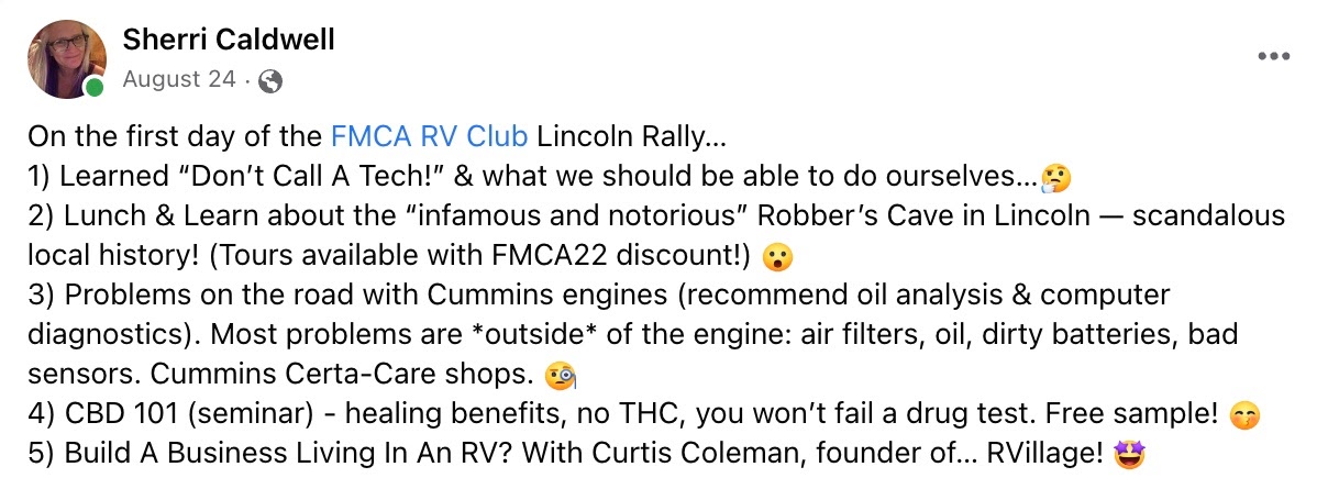 NIRVC-FMCA-RV-Club-Lincoln-fb-post-01 Sherri-Caldwell-AIM-Club-blog-fb-post