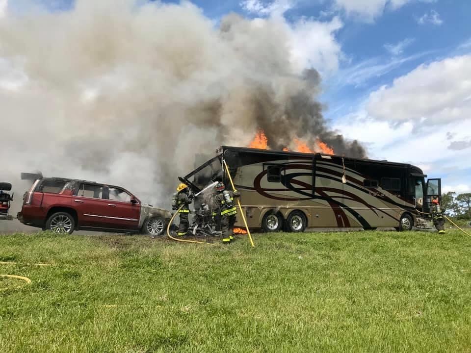 motorhome fire with towed vehicle