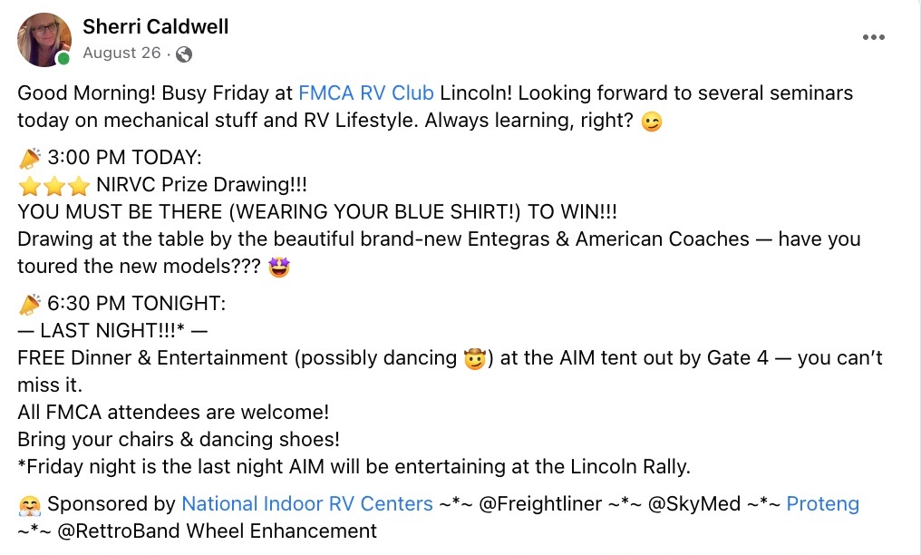 NIRVC-Sherri-Caldwell-FMCA-Rally-FB-Announcements-01 FMCA Lincoln AIM Announcements