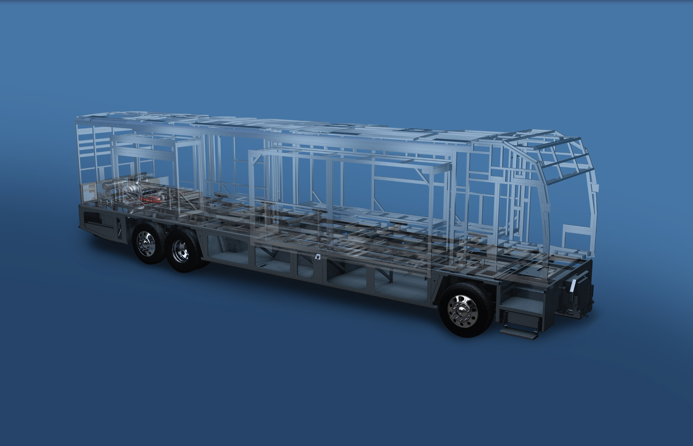 Freightliner Image 1- Blue back ground chassis and coach structure