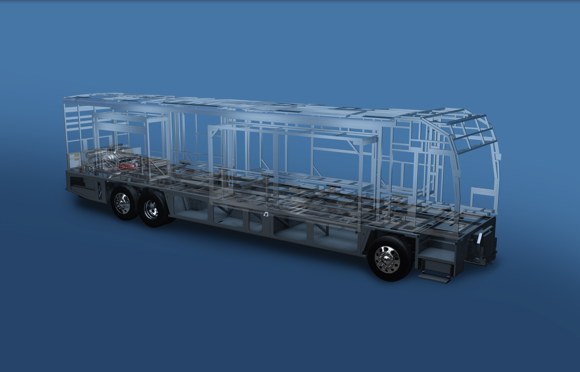 Freightliner Image 1- Blue back ground chassis and coach structure Freightliner Image 1- Blue back ground chassis and coach structure