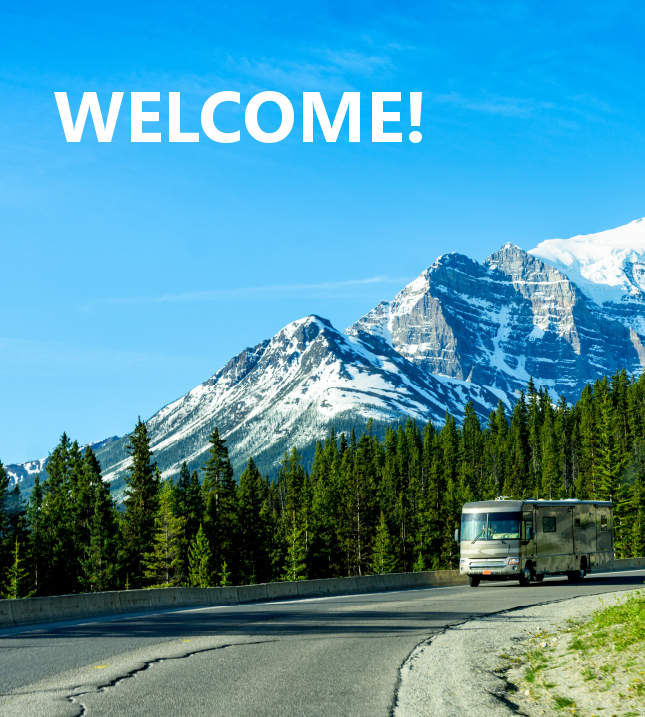 Welcome photo, RV driving in mountains